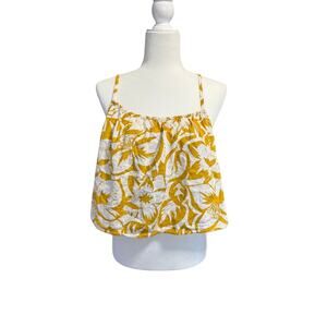 MADEWELL Linen-Blend Meriden Top in Tropicale Floral-Gilded Chartreise Sz Med